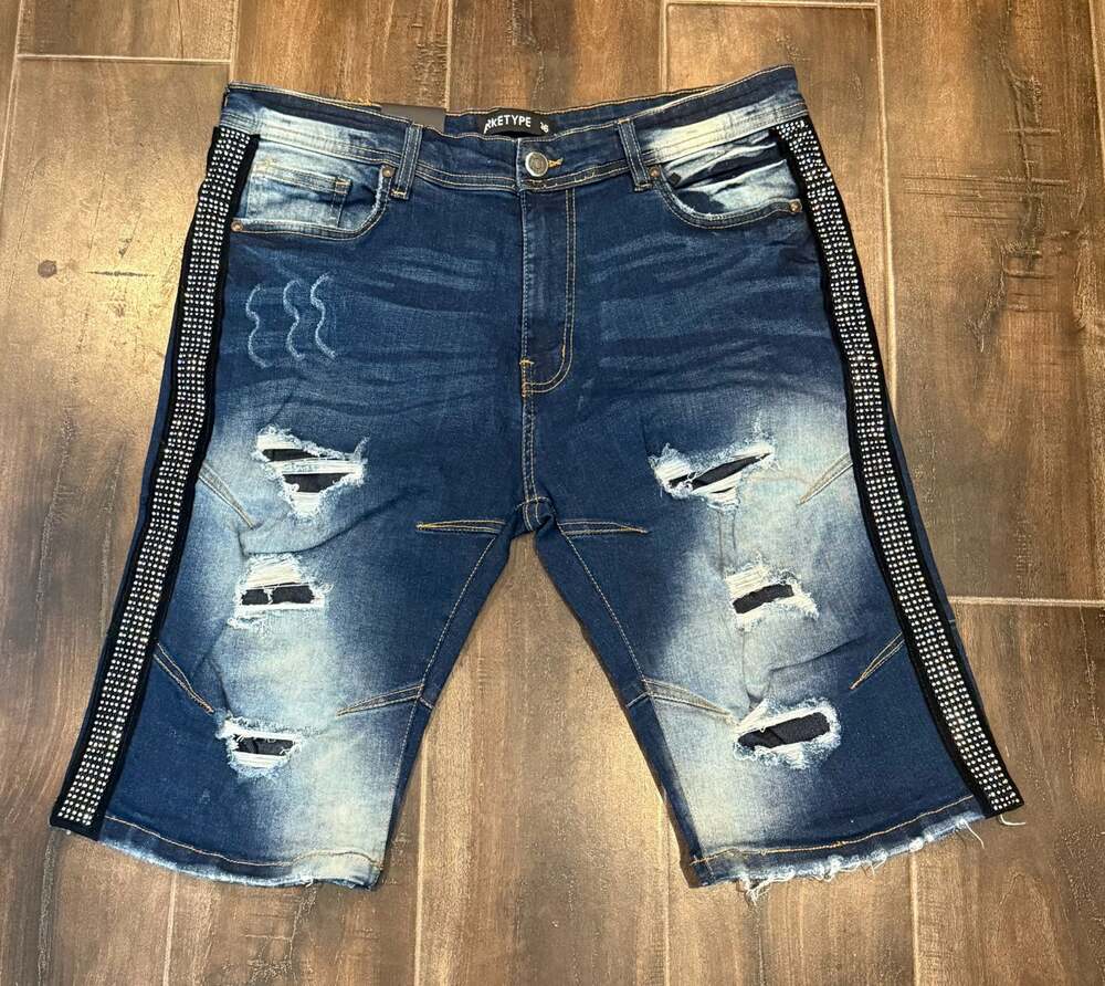 ARKETYPE Men's Distressed Acid Wash Rhinestone Side Stripe Denim Shorts Size 36